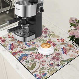 POIUBLE Colorful Flowers Dish Drying Mat for Kitchen Counter Coffee Bar Mat Hide Stain Absorbent Rubber Backed Coffee Maker Espresso Machine Accessories 15.7 x 23.6 Inch