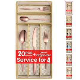 KITWARE 20-piece Rose Gold Silverware Set with Tray Service for 4, Stainless Steel Flatware, Mirror Polished Cutlery Utensil Set for Home Kitchen, Starter Tableware Set
