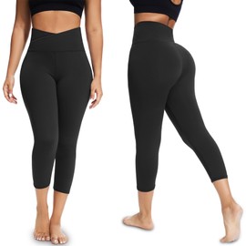 V Cross Waist Capri Leggings for Women- Summer Workout Tummy Control Butt Lift Soft Sports Gym Yoga Pants Tights Grey