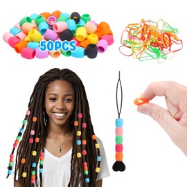 COSOOS 50 Big Silicone Hair Beads for Girls, Diameter 9mm Colorful Soft Rubber Hair Beads for Braids for Daughter Women, 2 Plastic Quick Beaders for Hair Braids, 50 Elastic Rubber Bands