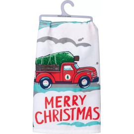 Primitives by Kathy Merry Christmas Tree Dish Towel - 28" x 28", Red Truck, Green Christmas Tree