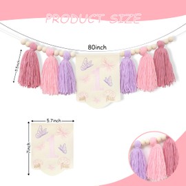 Boho 1st Birthday High Chair Tassels Banner - 1st Birthday Banner For Baby Shower，First Birthday Baby High Chair Banner，Highchair Banner For Baby Girl's 1st Birthday，1st Birthday Highchair Embroidery Banner (Pink)