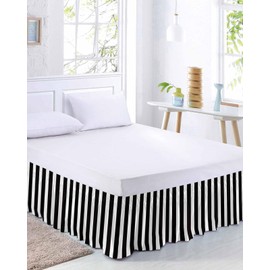 RisQiten Black Striped Bed Skirt Queen Size 18 Inch Drop, Farmhouse Adjustable Elastic Bedskirt Dust Ruffle for Queen Bed, Black White Stripes Wrap Around Bed Skirts Luxurious Pleated Bed Frame Cover