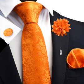 Gusleson Orange Tie Mens Floral Wedding Silk Necktie Pocket Square Cufflinks and Lapel Pin Brooch Set (UK6107-01)