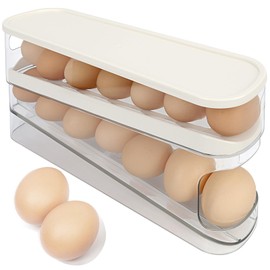 Skycase Egg Holder Fridge - Egg Holder for Fridge, Stackable Egg Container, 2 Layers Automatic Rolling Egg Container for Fridge, Egg Storage Fridge with Lid (1 Set)