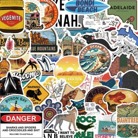 50Pcs Australia Stickers, Australian Elements Kangaroo Koala Scenery Sign Vinyl Decals for Laptops, Kids Teens Adults Decorative Water Bottles Skateboard Scrapbook Party Gift Stickers