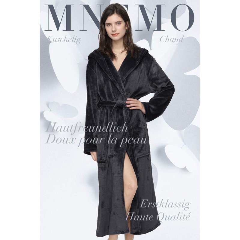 Mnemo Women's Long Bathrobe with Hood, Women's Terry Towelling Bathrobe,