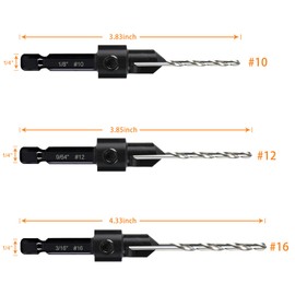 3 Pack Countersink Drill Bit Set #10#12#16, 3in1 Woodworking Counterbore Hole Saw Drill Bits, Depth Adjustable M2 Pilot Drill Bits, 82-Degree Chamfer, 1/4"Hex Shank, with 1 Allen Wrench