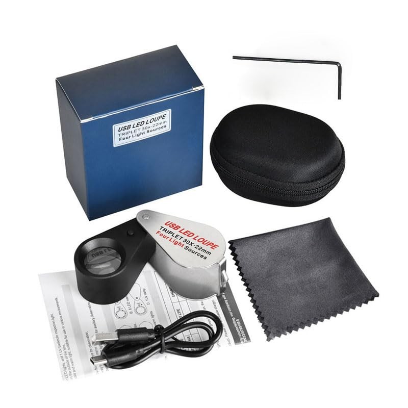Rechargeable 30x Jewelers loupe with Light and Four Types of
