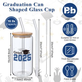 RattanView 2025 Graduation Gifts 16 Oz Can Shaped Glass Cup with Bamboo Lids Glass Straws and Brush Graduation Iced Coffee Drinking Cup Can Tumbler for High School College Graduate Gifts(Black Blue)