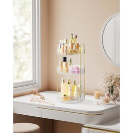 SONGMICS Makeup Organiser Rotating Cosmetic Organiser Round 3 Tier Cosmetic Storage Adjustable for Dressing Table Gift Idea JKA011W02
