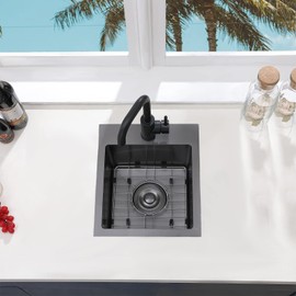 VCCUCINE Gunmetal Black Bar Sink Drop in, 13x15 Inch Topmount RV Small Kitchen Sink, Handmade Stainless Steel Wet Bar Sink, Outdoor Single Bowl Prep Sink with Dish Grid & Drain