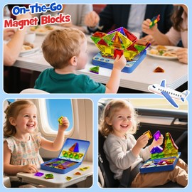 WMXDU 60PCS Mini Magnetic Tiles Travel Set with Metal Storage Box, Magnetic Blocks Kids Toy 3D Clear Magnetictiles Road Trip ‌Essentials Montessori Preschool Classroom Must Haves Xmars Gift for Age 3+