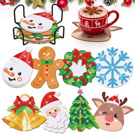 8 PCS Christmas Diamond Art Coasters Christmas Diamond Art Coasters Kits with Holder Santa Claus Snowman Snowflake DIY Coasters for Beginners, Adults, Kids, Diamond Art Crafts Supplies