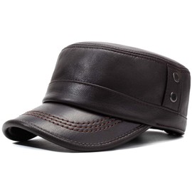 Men's Genuine Leather Cadet Army Caps Military Style Hat Flat Top Cap