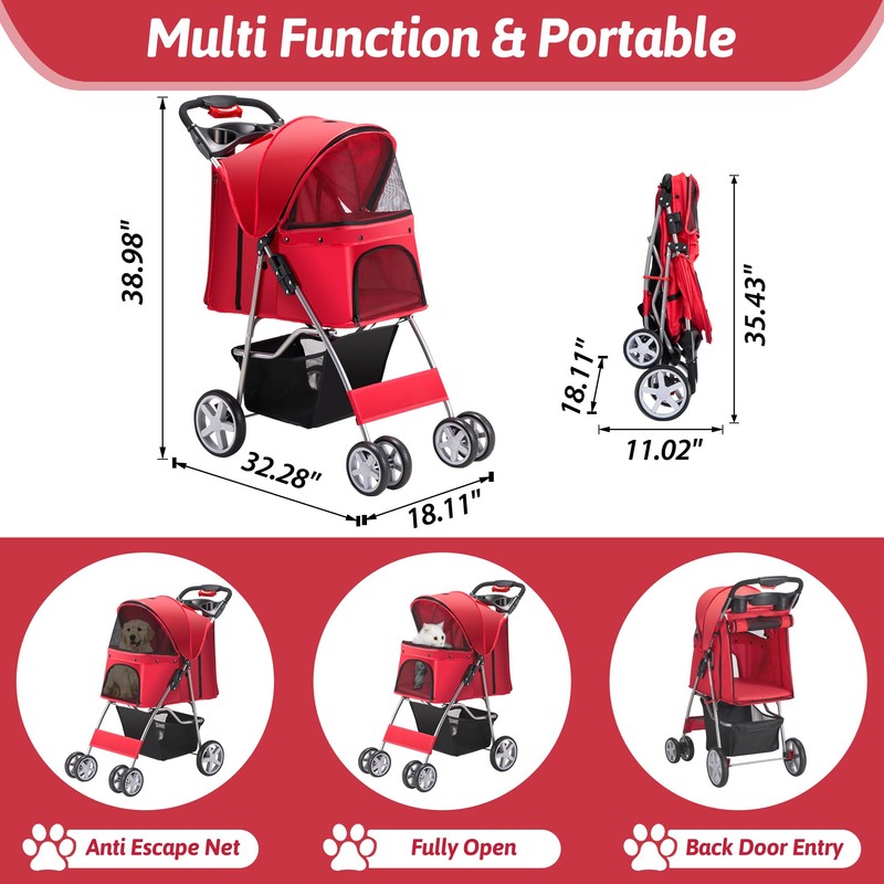 Azaeahom Pet Stroller, 4 Wheels Pet Strolling Cart for Medium/Small