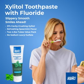 Epic Dental Xylitol Fluoride Toothpaste for Adults - SLS-Free Spearmint with 31% Xylitol - Oral Care for Dry Mouth, Fresh Breath & Enamel Health - Vegan, Gluten-Free - 4.9oz (2-Pack)