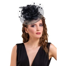 Focupaja Fascinators Hats Women Pillbox Hat with Mesh Veil Feathers Derby Headband Wedding Headwear Tea Party Hair Clip 20s 50s Top Hat 020-Black