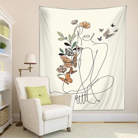 Abstract Woman Butterfly Fabric Wall Hanging Tapestry Minimalist Modern Flower Plant Mid Century Terracotta Aesthetic Portrait Beige Home Decor Art for Living Room Bedroom Dorm(L/150x200cm/60x80inch)