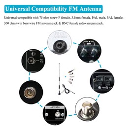 Fancasee Universal FM Antenna Magnetic Base 75 Ohm Screw F Male Plug with PAL BNC 3.5mm & 75 to 300 Ohm Adapter Connector Coax Coaxial Cable FM Radio Antenna for AV Home Stereo Receiver Indoor