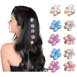 Mini Hair Claw Clips, 10 Pcs Small Flower Hair Clips Pearl Rhinestones Hair Claws Hair Jaw Clips Hair Accessories for Women Girls