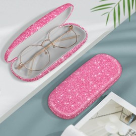 Fintie Hard Shell Eyeglasses Case, Portable Protective Glasses Cover Eyeglass Holder Box with Cleaning Cloth for Men Women, Glittering Pink