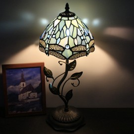 Small Tiffany Lamp Sea Blue Stained Glass Table Lamp Metal Leaf Accent Dragonfly Style Desk Memory Lamp Sympathy 8X20 Inch