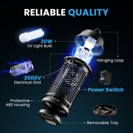 Bug Zapper Outdoor Indoor 3000V 20W Electric Mosquito Zapper Fly Trap Insect Killer Waterproof with Power Switch and 4.92ft Power Cord for Home, Garden, Backyard, Camping, MCQ2402CP