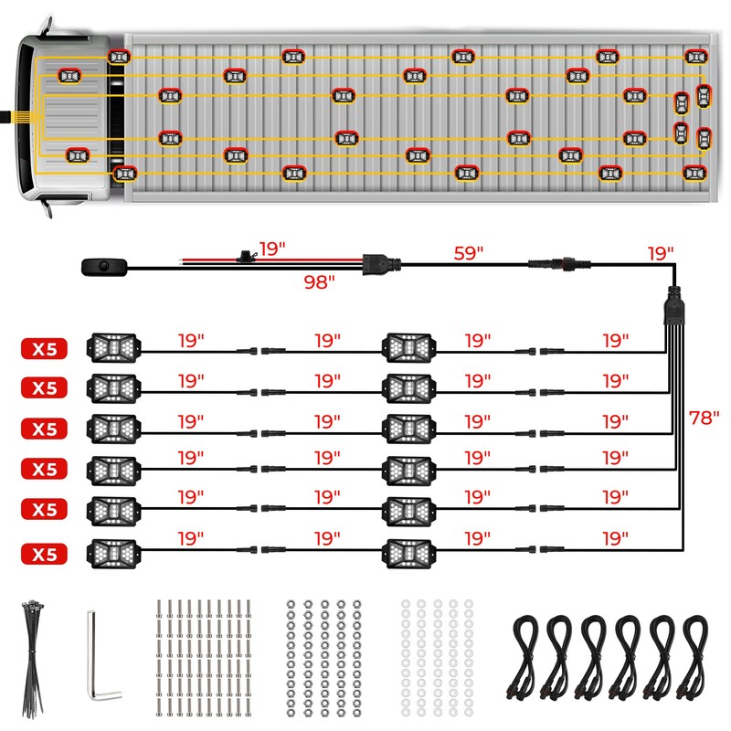 30 Pods Pure White LED Rock Lights Kit with Switch