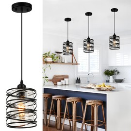 foucasal Black Pendant Lights for Kitchen Island, Industrial Farmhouse Pendant Light Fixtures with Seeded Glass Shade, Adjustable Spiral Iron Pendant Lighting for Foyer Hallway Dining Room Kitchen