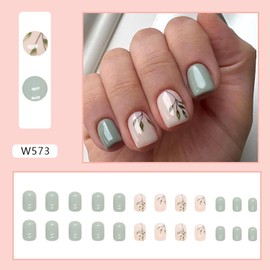 Vezocim Press on Nails Coffin Short Length, 24Pcs Full Cover Reusable Glossy Fake Nails with Glue, Artificial Fingernails Square False Nails with Designs, Glue Stick on Nails with Charm(Green Leaf)