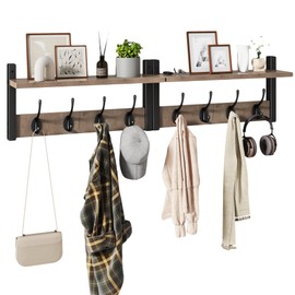YMYNY Coat Rack Shelf Wall Mounted, Coat Hooks Set of 2, Entryway Coat Hanger with 8 Hooks, 31.5" Wall Floating Shelf with Hat Rack, for Kitchen, Bedroom, Bathroom, Silver Gray UHWS001Y-2
