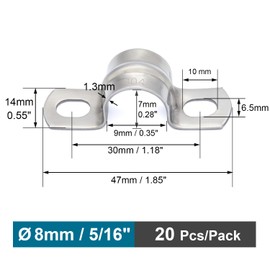 FamlTol Pipe Clamps Diameter 8 mm Pack of 20 Stainless Steel Mounting Clamp 2-Hole Clamp Cable Clamps Stainless Steel for Attaching Pipes