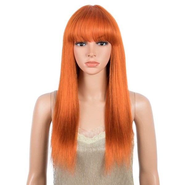 DÉBUT Human Hair Wig for Black Women Straight Wig with Fringe 10A Unprocessed Brazilian Virgin Remy Hair 150% Density (22 Inches, S Orange)