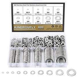 800 Pieces 304 Stainless Steel Flat Washers, Fender Washers, Kindroufly 9 Sizes Stainless Steel Washers, Lock Metal Washers Assortment Kit (M2 M2.5 M3 M4 M5 M6 M8 M10 M12)