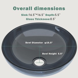 Design Vessel Sink Bathroom Sink above counter Small Vessel Sink Bathroom Sink Bowl Countertop Modern Sinks with faucet and drain combo 16.5" Round Transparent New