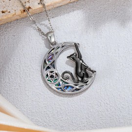 YYmqmq Moon Black Cat Necklace for Women 925 Sterling Silver Celtic Moon Pendant Abalone Necklace Black Cat Jewelry Christmas Gifts for Women Girlfriend