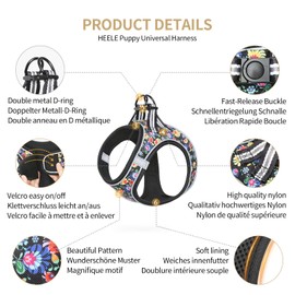 HEELE Dog Harness Small Dog Puppies Step-in Soft Mesh Harness Reflective Lightweight Breathable Visible in Dark Harness with Floral Pattern, Comfort for Walking Training, Black Flower, 2XS