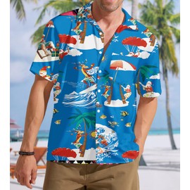 ELDPS Christmas Hawaiian Shirt for Men: Christmas in July T-Shirt Santa Claus Summer Beach Button Down Tops Blue