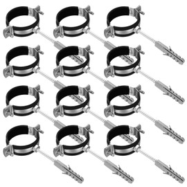 12 Pipe Clamps 50 mm & 12 Hanger Bolts & 12 Dowels, Screw Pipe Clamps with Rubber Insert, Pipe Fixing Wall Floor Double Pipe Clamp for Ducts Sanitary Ventilation Ducts Pipe Holder