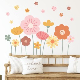 Zonon 6 Pcs Flowers Wall Decals Stickers Vinyl Removable Peel and Stick Colorful Dragonflies Floral Wall Murals Decor for Bedroom Living Room Nursery(Cute)