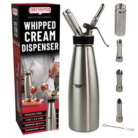 Chef Master (1 Pint / 0.5 Liter) Stainless Steel Whipped Cream Dispenser - Decorating Tips for Desserts, Latte + Cleaning Brush - Whip Cream Dispenser Canister for Home, Bakery or Restaurant - 90078