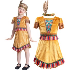 IKALI Indian Costume Children Girls Home Indian Costume Kids American Outfit Beige Dress with Headband 7-8 Years