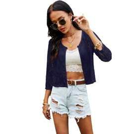 Ietaoo Bolero Women's Lace Bolero Jacket Shrug Summer 3/4 Sleeve Shoulder Jacket Cardigan Short Cardigan - navy blue, size: s