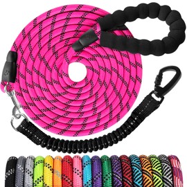 jenico Long Dog Leash 15FT: Heavy Duty Nylon Rope Leashes for Dogs Training with Reflective Threads Bungee and Padded Handle - Dog Lead for Large Small Medium Dogs Outside Walking Hiking - Pink