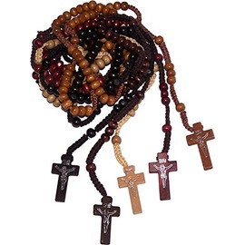 Holy Land Market 5 Wooden Rosary Necklace - Black, Tan, Ivory, Brown, Maroon Beads with Jesus Imprint Cross for Men and Women