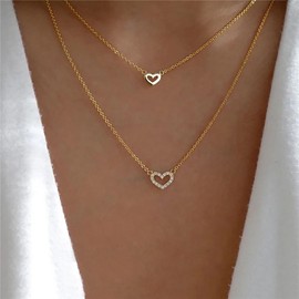 Inateannal Layered Crystal Heart Necklace Gold Heart Pendant Necklace Rhinestone Love Heart Chain Necklace Double Heart Choker Necklace Jewelry for Women and Girls