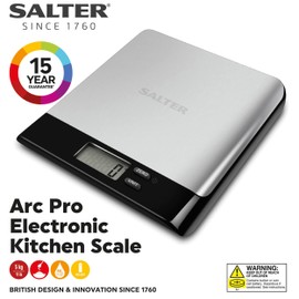 Salter 1052A SSBKDR Kitchen Scale - Arc Pro, Compact, 5 kg Capacity, Cooking/Baking, LCD Display, Add & Weigh/Tare Function, Easy Clean Hygienic, Measures Liquids/Fluids, Compact, Stainless Steel