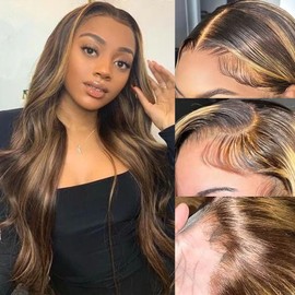 Homgoss 28Inch Ombre Honey Blonde Lace Front Wig Human Hair 13x6 Highlight TB/4/27 Transparent Lace Front Wigs Human Hair 250 Density Body Wave Glueless Human Hair Wigs For Women