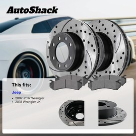AutoShack Rear Drilled & Slotted Brake Rotors Ceramic Brake Pads | Replacement for 2007-2017 Jeep Wrangler 2018 Wrangler JK 3.6L 3.8L V6 4WD RWD | E-Coated | 6-PC Brake Kit | ShadowGuard